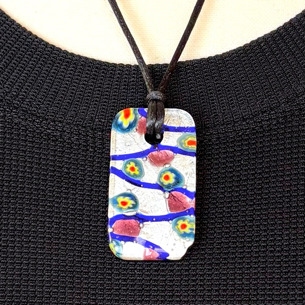 Millefiori Venetian‎ Murano-style Art Glass Pendant Necklace Black Silk Cord